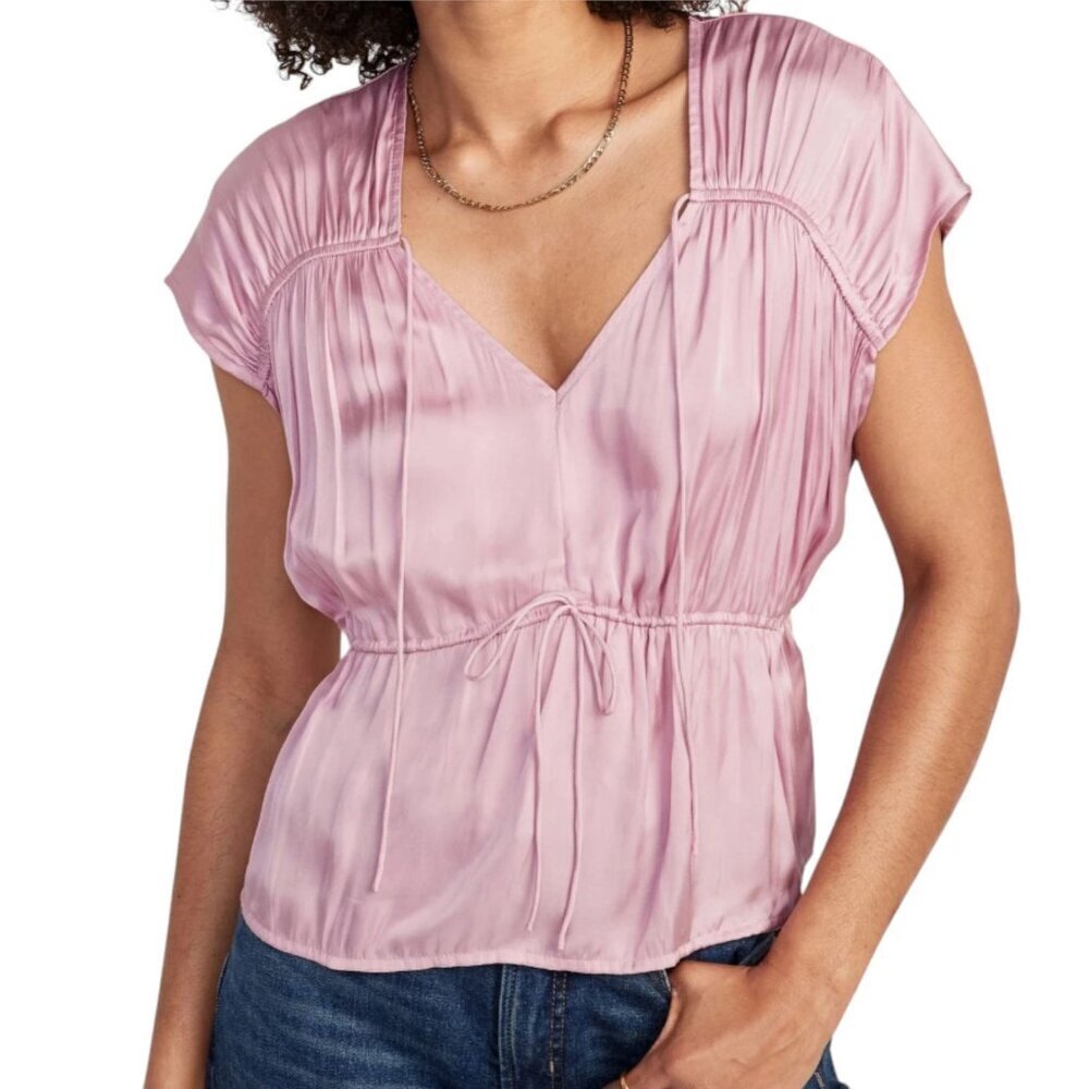 Old Navy Petal Pink Satin Babydoll Shirred Fairycore Y2K Tie Front Top Womens S